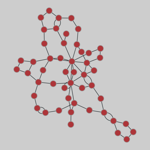 internet_top_pop: Internet topology (PoP level) (1969-2012). 50 nodes, 73 edges. https://networks.skewed.de/net/internet_top_pop#Surfnet